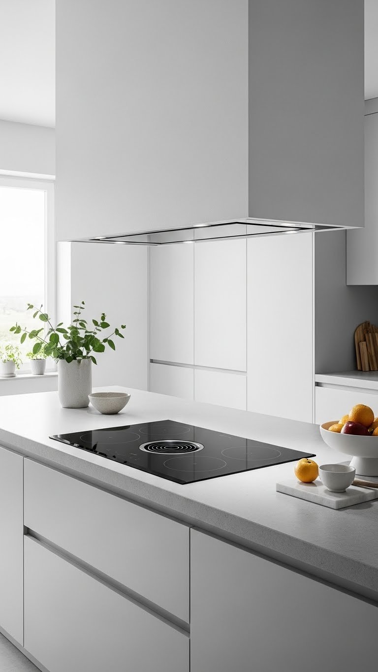 Downdraft extractor system integrated into kitchen island cooktop with smooth quartz countertop surface.