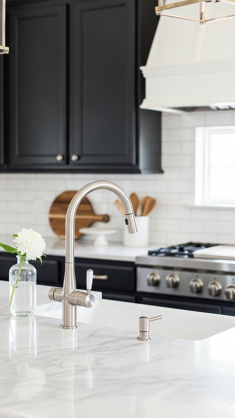 Dramatic black kitchen cabinets contrasting with white marble countertops and subway tile backsplash with chrome faucet