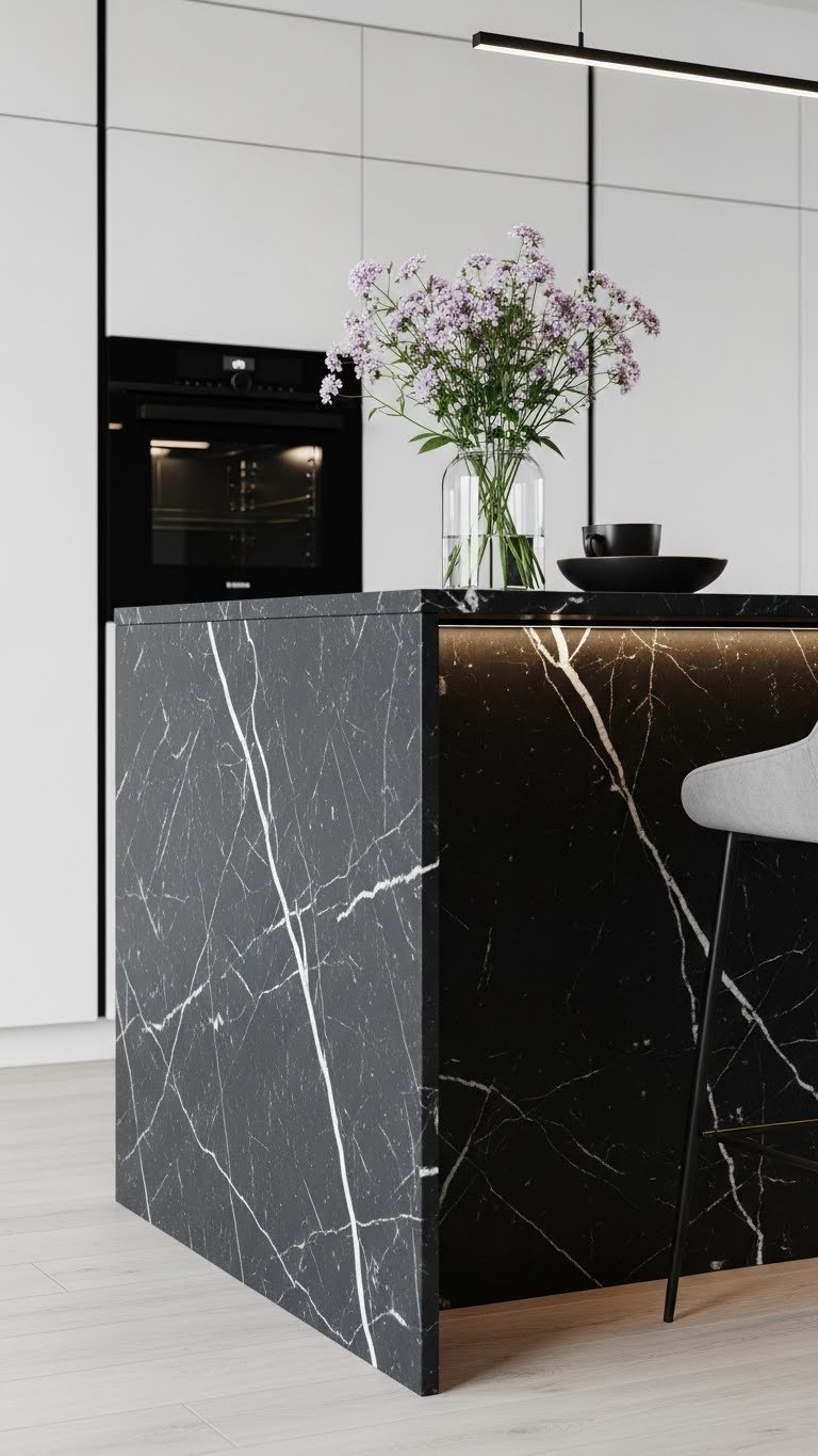 Dramatic black marble kitchen island with clean waterfall edge, showcasing seamless veining from countertop to floor. Elegant design.