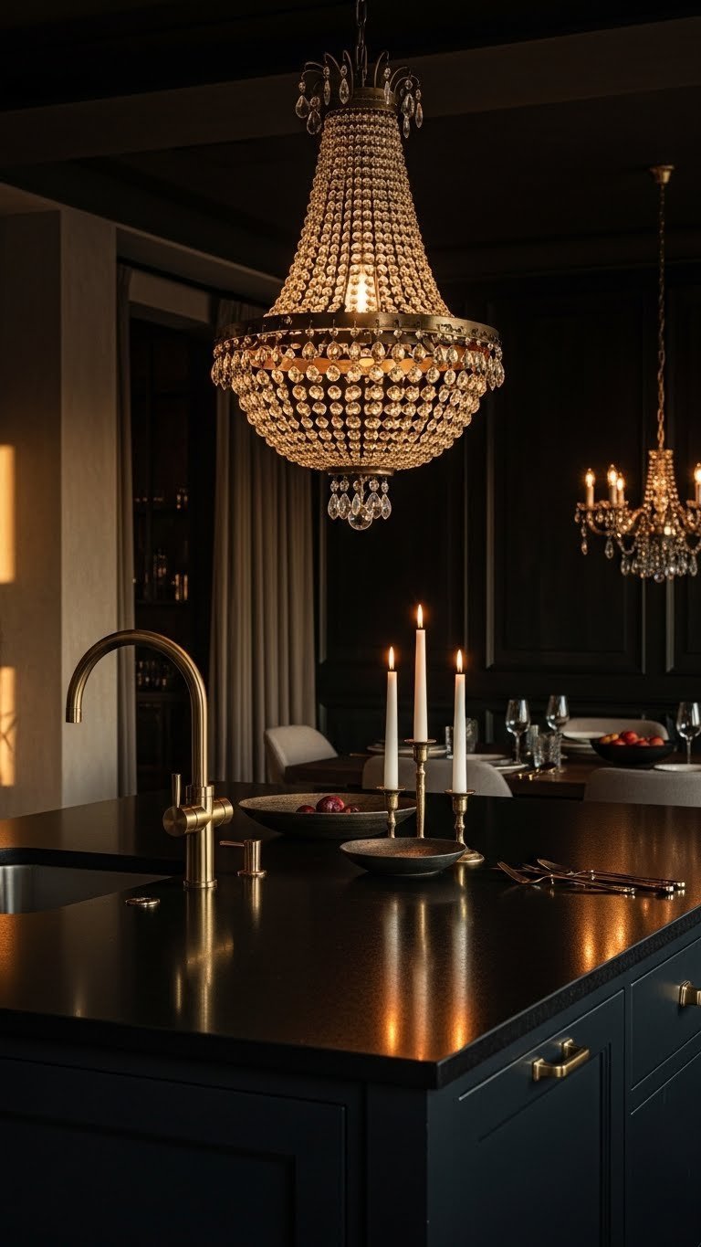 Dramatic crystal chandelier over a dark black quartz kitchen island with warm golden light, reflecting gothic kitchen luxury.