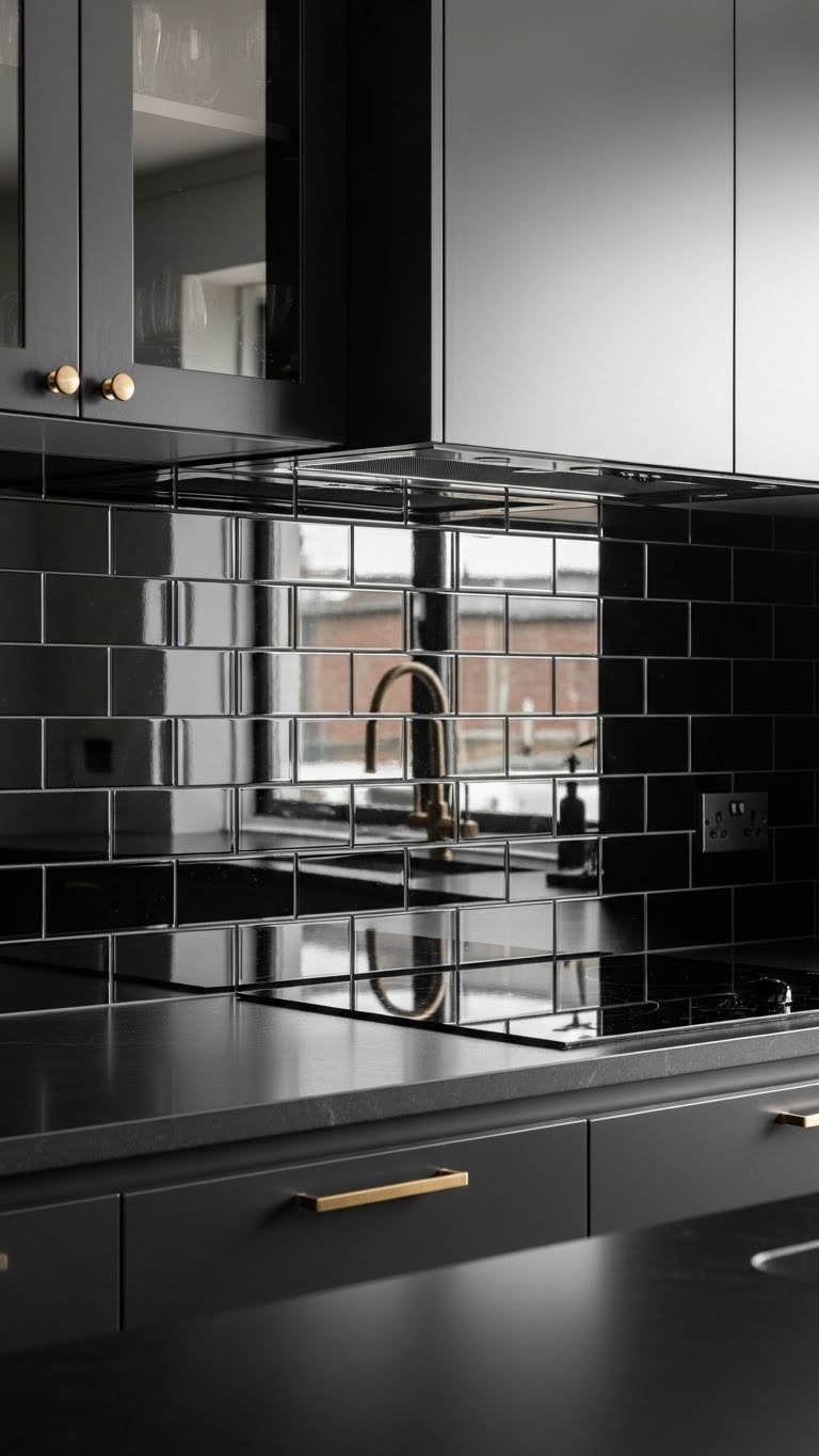 Dramatic dark kitchen backsplash: reflective smoked mirror or glossy black subway tiles with contrasting grout and subtle brass accents.