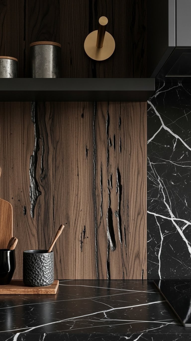 Dark Restaurant Kitchen Aesthetic: 7 Luxurious Design Ideas 5 Dramatic dark kitchen showcasing polished black marble countertop, rough-sawn wood accent wall, and matte brass fixture.