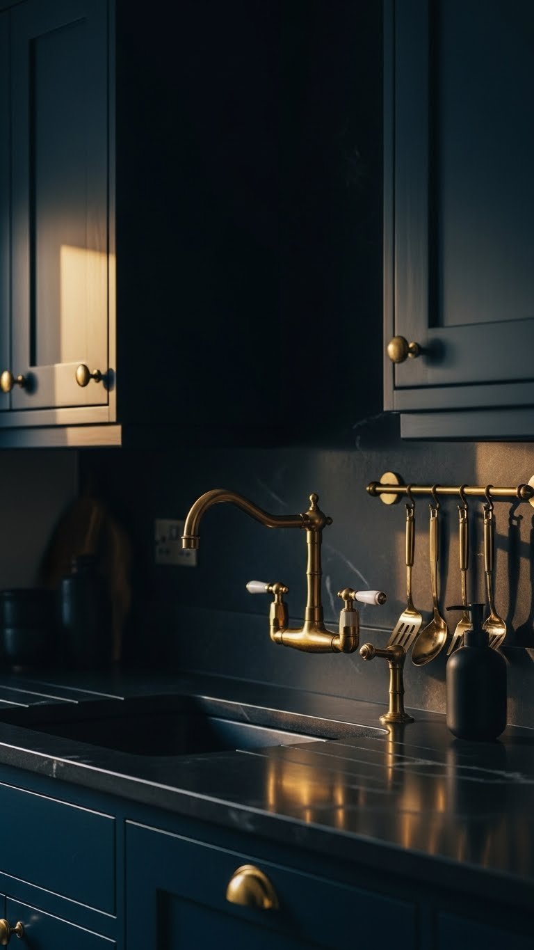 Dark Kitchen Aesthetic Apartment: Chic &Amp; Cozy Design Guide 9 Dramatic dark navy kitchen featuring a polished brass faucet, matching hardware, and dark quartz countertop.