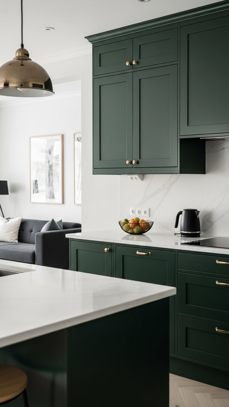 Dramatic deep forest green Scandinavian kitchen with white quartz countertops and modern metallic accents in elegant daylight