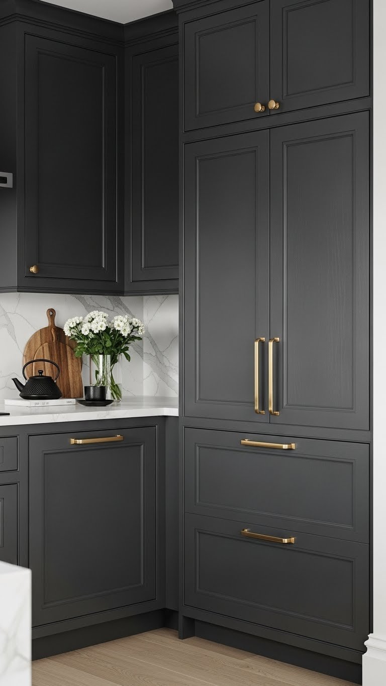Dramatic elegant small kitchen with deep matte charcoal gray cabinetry, brass hardware, and white marble countertop