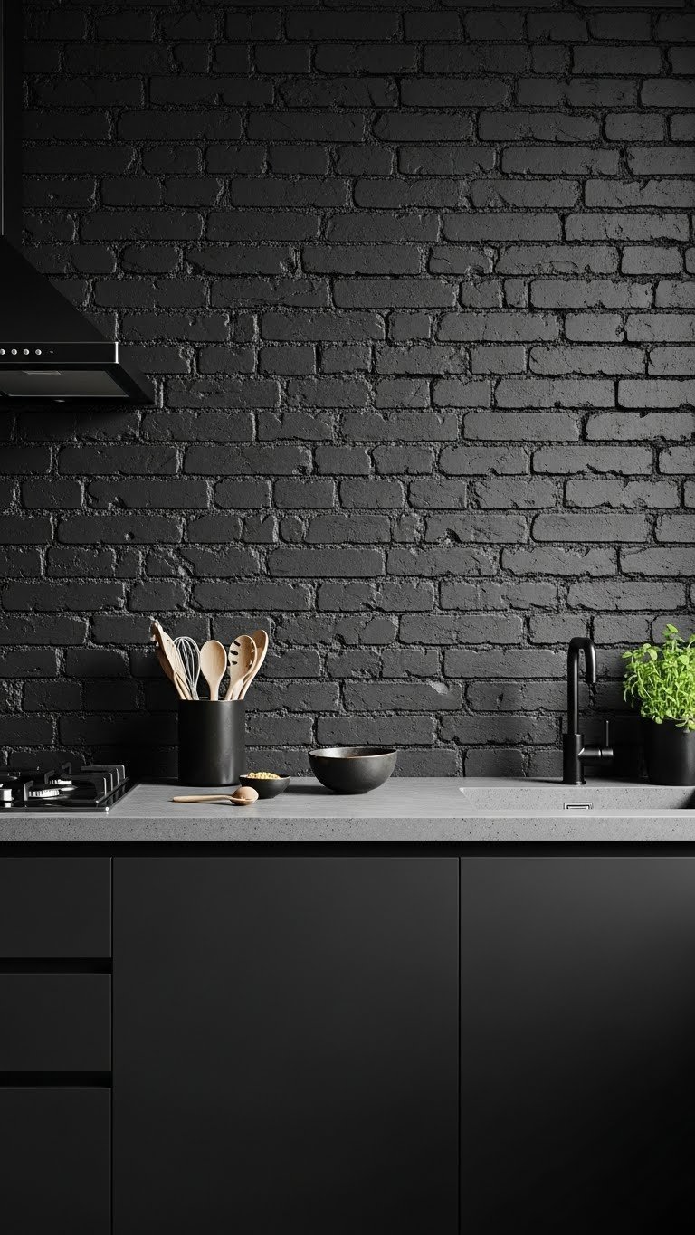 Dramatic exposed charcoal brick kitchen wall contrasting sleek black cabinetry, polished concrete countertop, and green herbs.