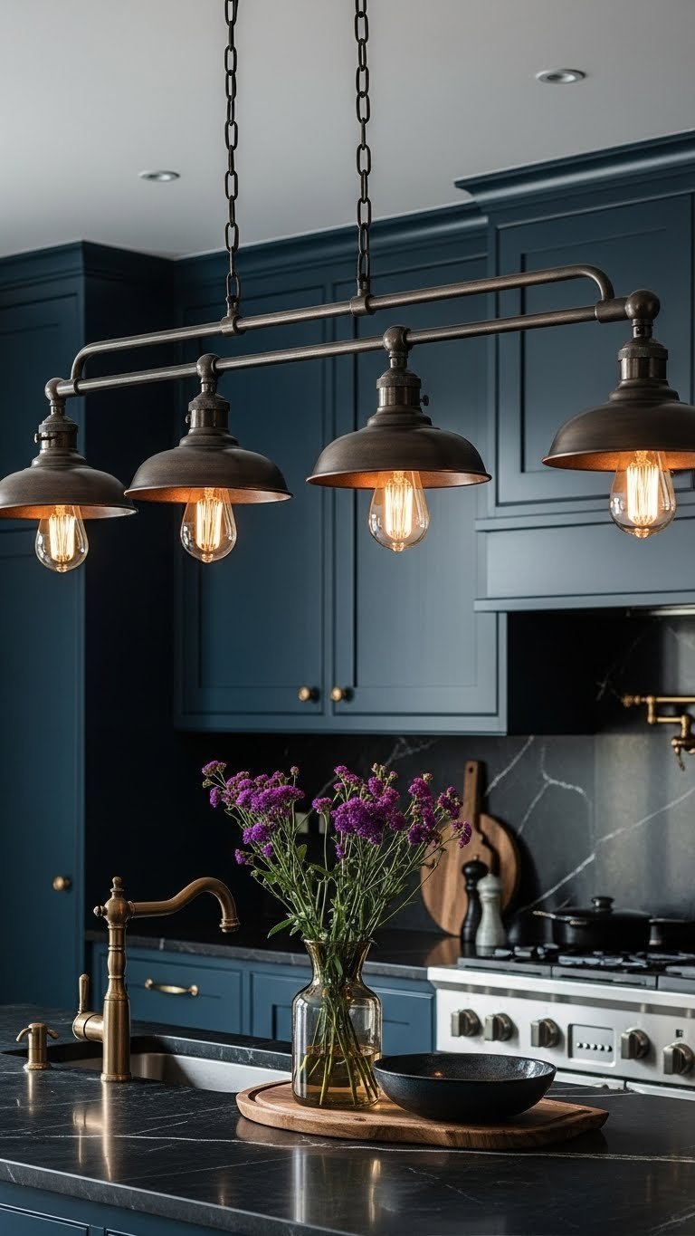 Dramatic industrial multi-bulb lighting fixture over a moody kitchen island with warm light, dark marble, and navy cabinets. Elegant design.