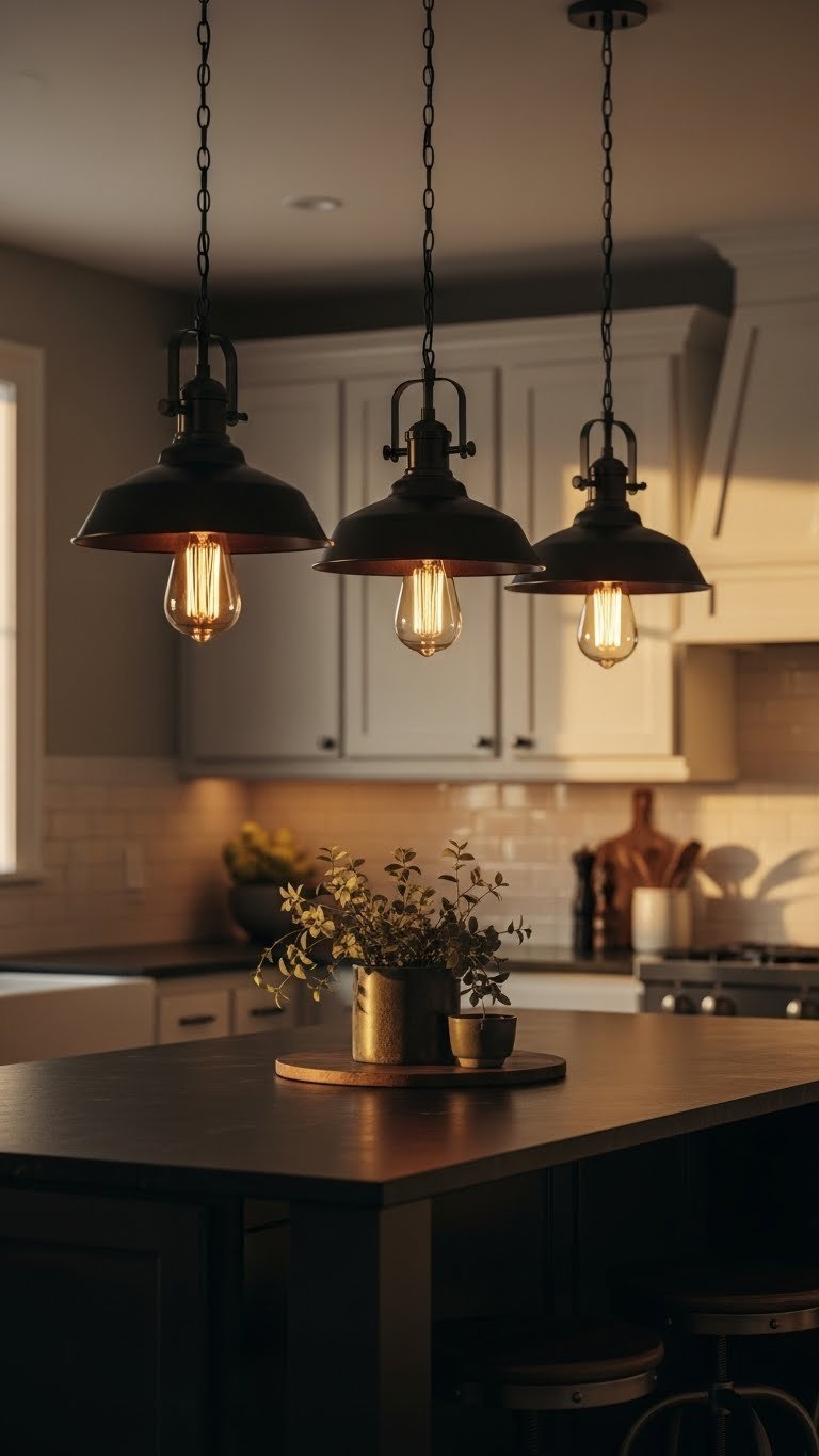 Dramatic industrial pendant lights with dark metal shades and Edison bulbs illuminate a dark kitchen island and stone countertop.