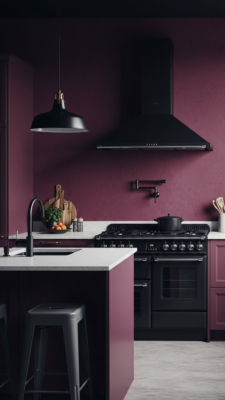 Dark Pink Kitchen Aesthetic: 7 Elegant Ideas To Try 9 Dramatic kitchen featuring dark plum-pink walls, matte black appliances, and quartz countertop. Modern color block design, industrial stools.