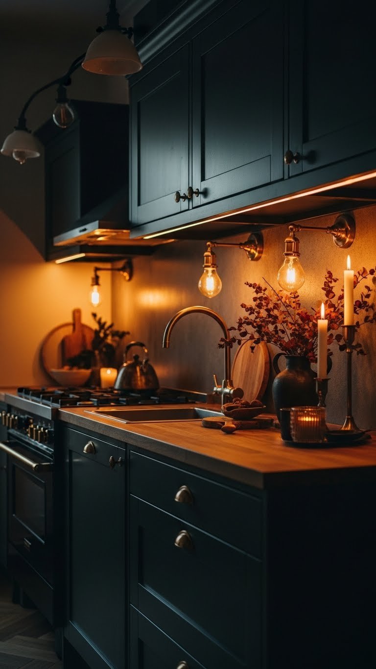 Dramatic kitchen lighting: warm under-cabinet and antique pendant lights illuminate dark green cabinets and wooden countertop at dusk.