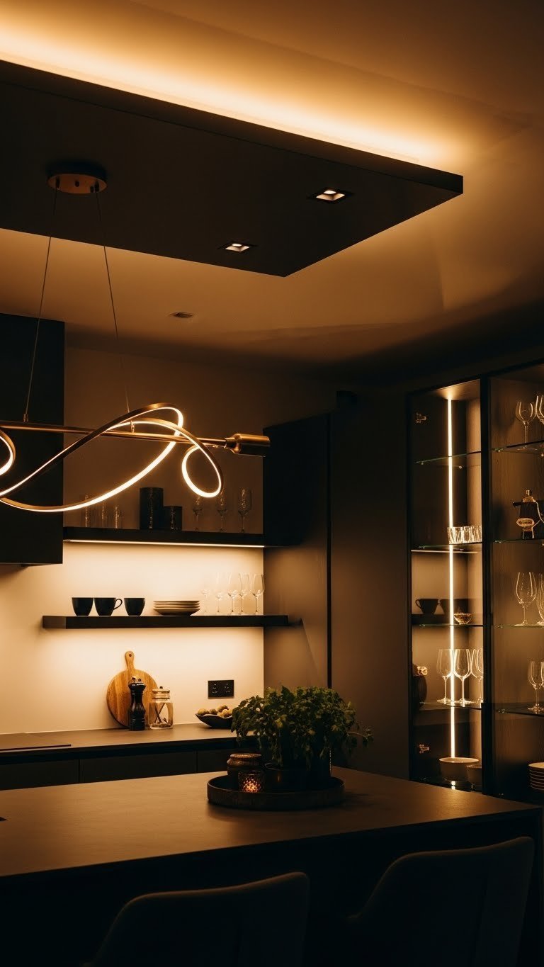 Dramatic layered kitchen lighting: warm ambient, LED strips, and a sculptural bronze pendant over a dark island. Modern kitchen ambiance.