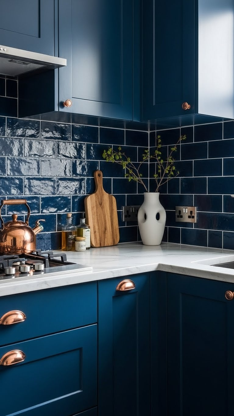 Dramatic navy blue zellige tile backsplash extending to ceiling with white countertops and elegant copper accents