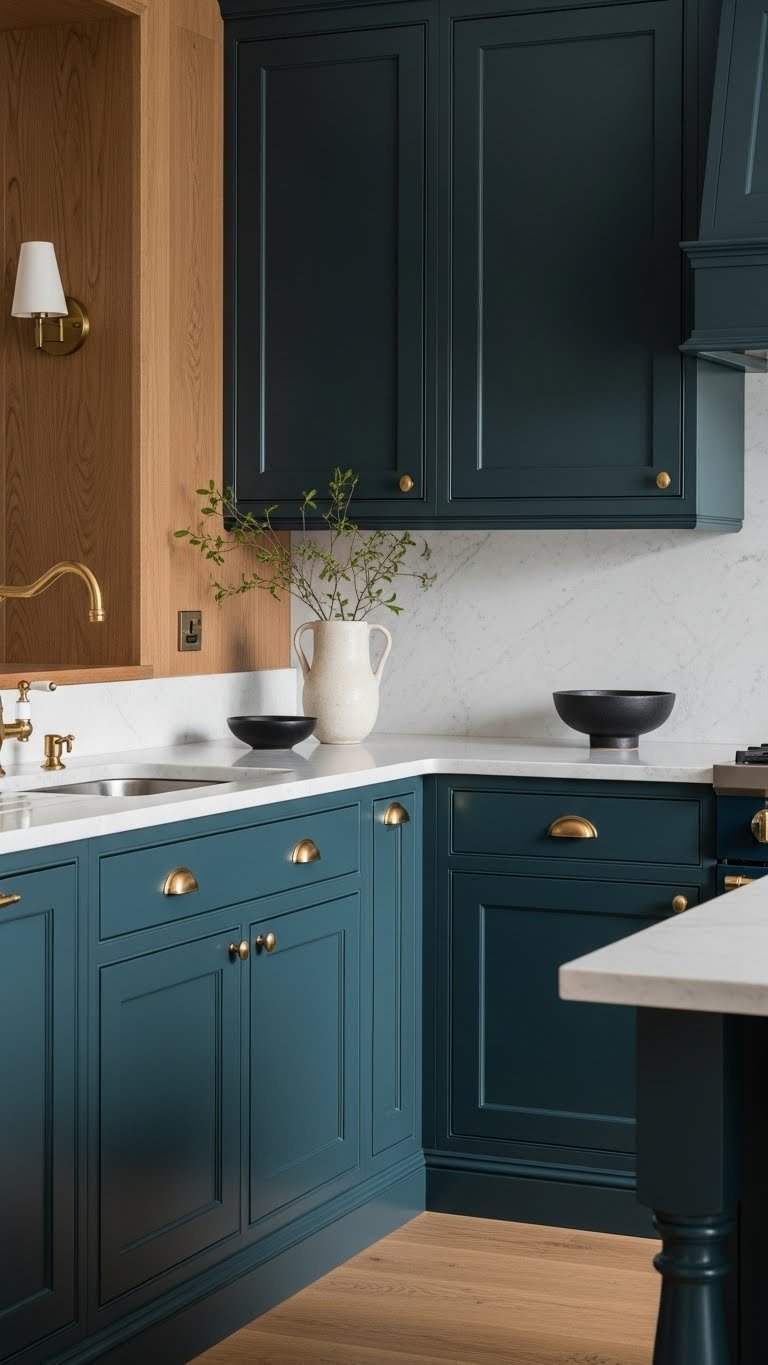 Dramatic teal blue Scandinavian kitchen with brass hardware, white marble countertops, and warm wood flooring