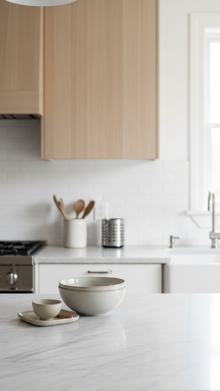Durable light-colored quartz countertop in Scandi kitchen reflecting soft natural light against wood cabinetry