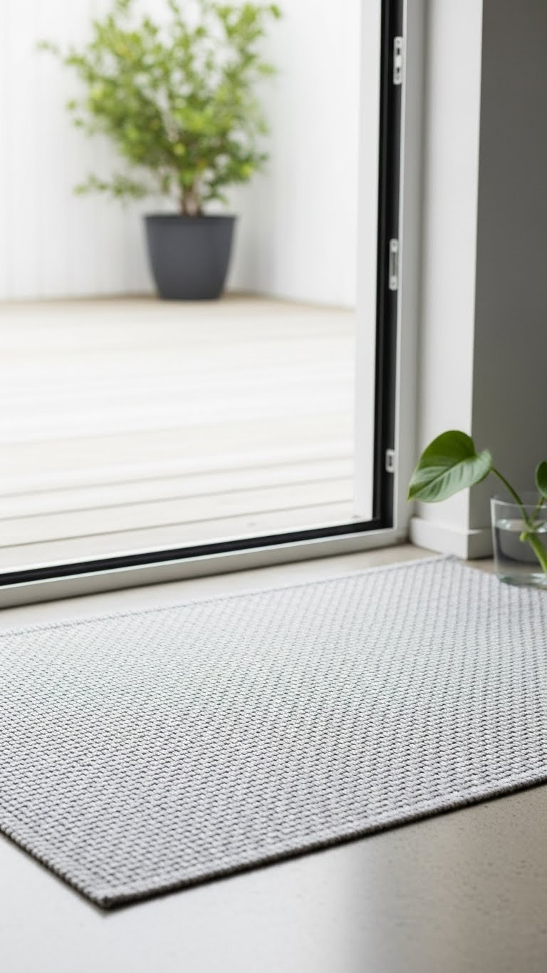 Durable woven plastic scandi kitchen runner on light concrete floor in minimalist kitchen with outdoor connection