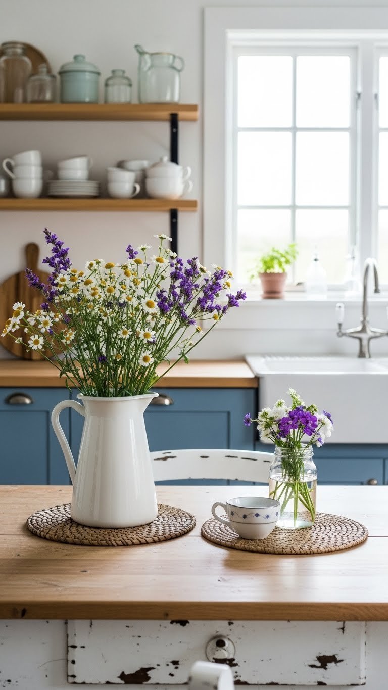 Dusty blue kitchen cabinets with light wood shelving, ceramic pitcher and farmhouse table setting