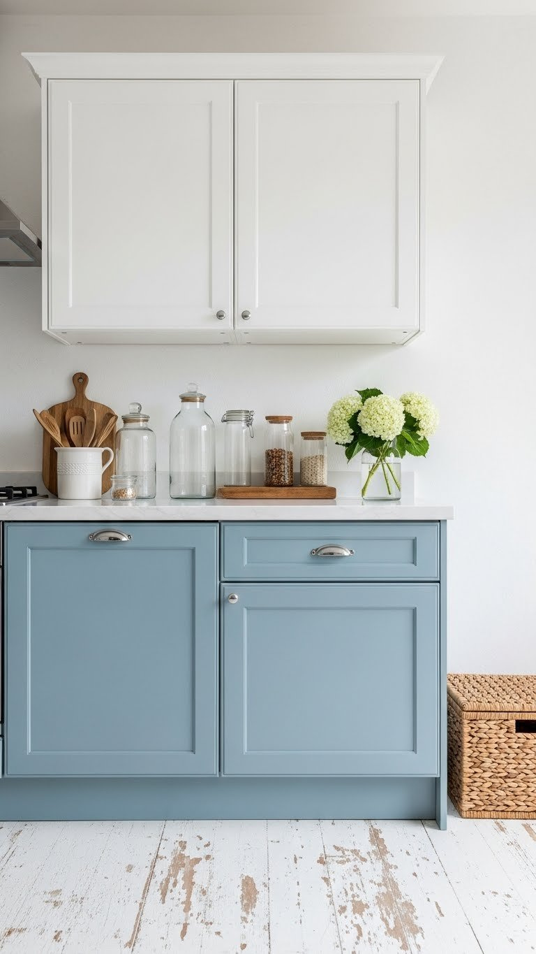 Dusty blue lower cabinets with white upper cabinets creating a serene coastal kitchen feel with wicker baskets