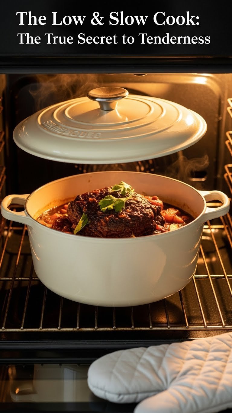 The Secret To A Melt In Your Mouth Venison Stew Recipe 9 Dutch oven with lid ajar simmering stew inside oven