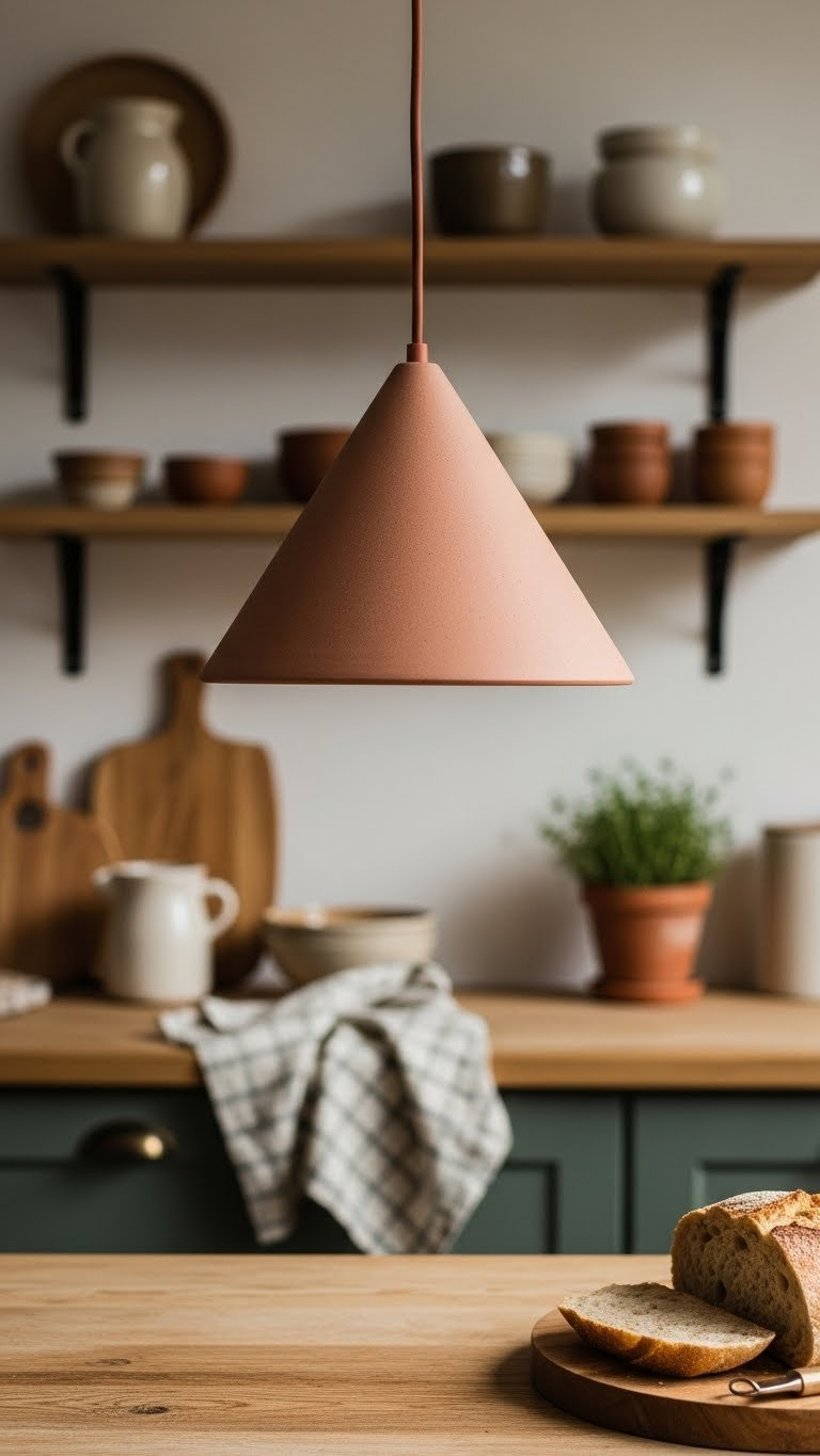 Earthen ceramic cone pendant light in matte finish hanging over rustic wooden kitchen counter