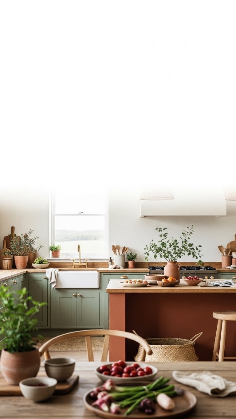 Earthy biophilic open kitchen living. Sage green cabinets, terracotta island, natural wood, plants, woven baskets. Cozy home design.