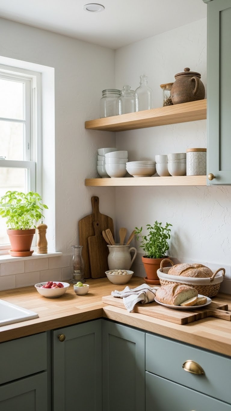 Earthy sage green kitchen cabinets combined with natural wood countertops and potted herb accessories.
