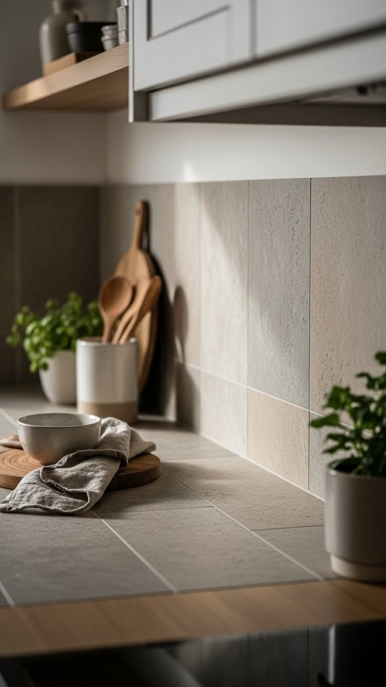 Earthy scandi kitchen natural stone splashback with organic textures and warm wooden countertop