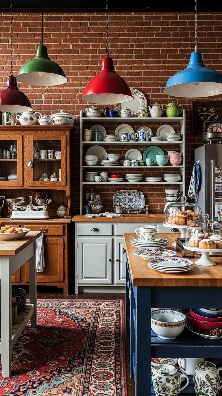 Eclectic vintage kitchen with mismatched dishes, butcher block countertops, and exposed brick wall