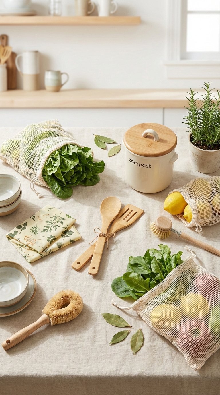 Eco-friendly kitchen essentials including reusable bags and bamboo utensils on linen tablecloth