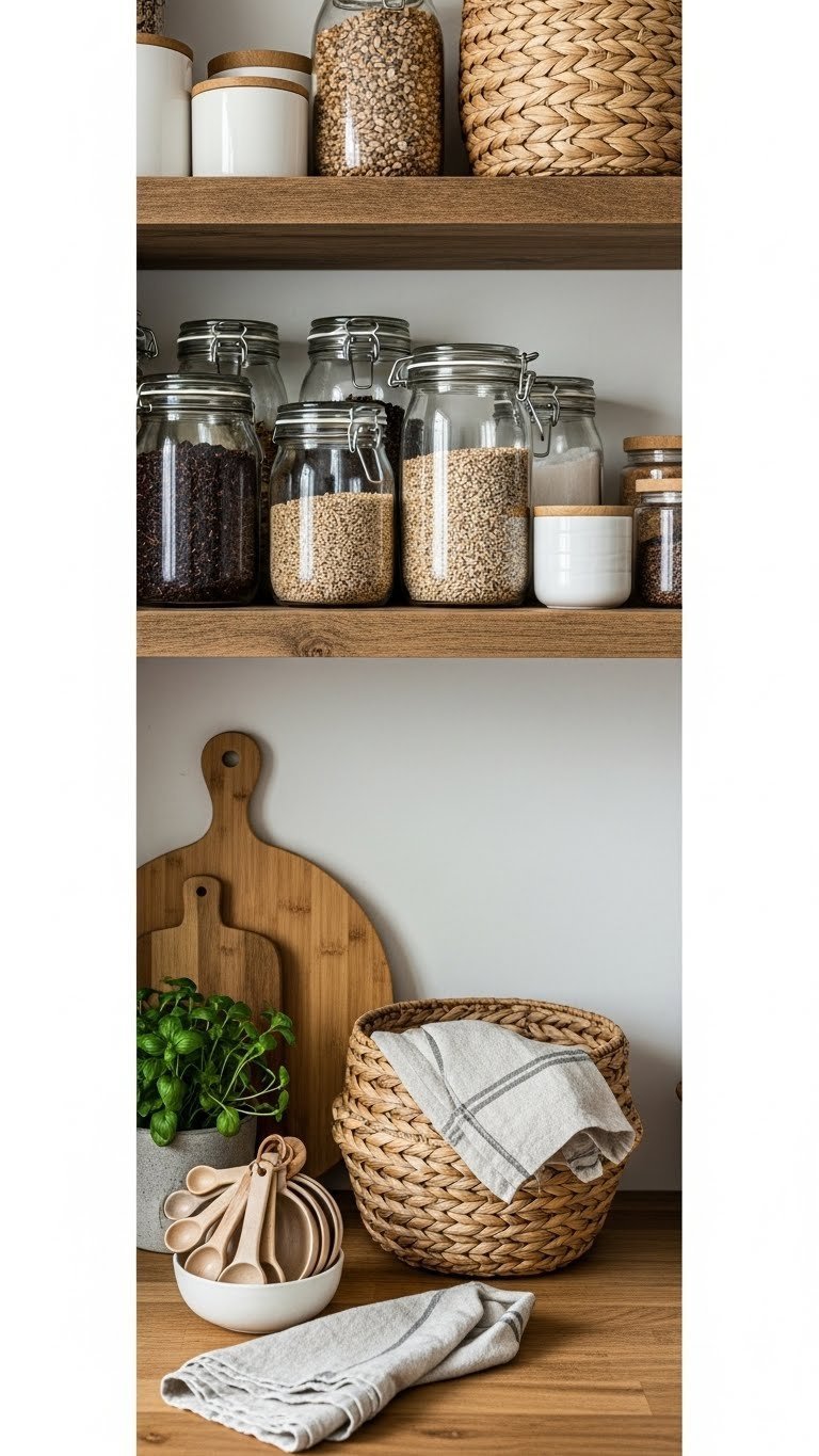 Eco-friendly kitchen pantry displays reclaimed wood shelves, glass jars with bulk goods, and natural fiber baskets with soft light.