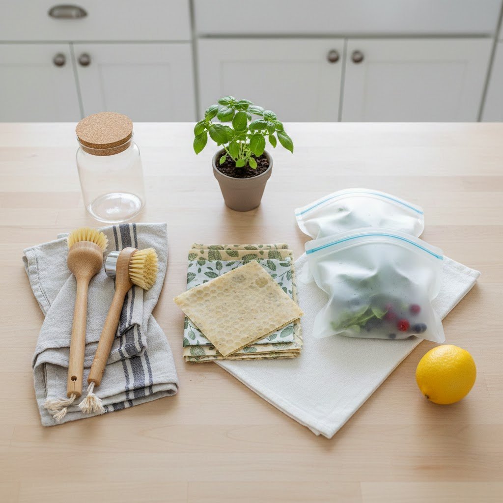 Eco-friendly kitchen staples including beeswax wraps and bamboo brushes arranged on light wooden surface