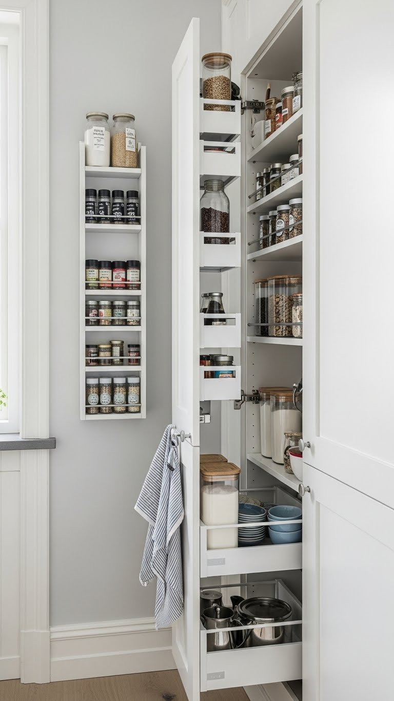 Efficient Scandi kitchen pantry wall with wall-mounted spice racks and uniform container organization