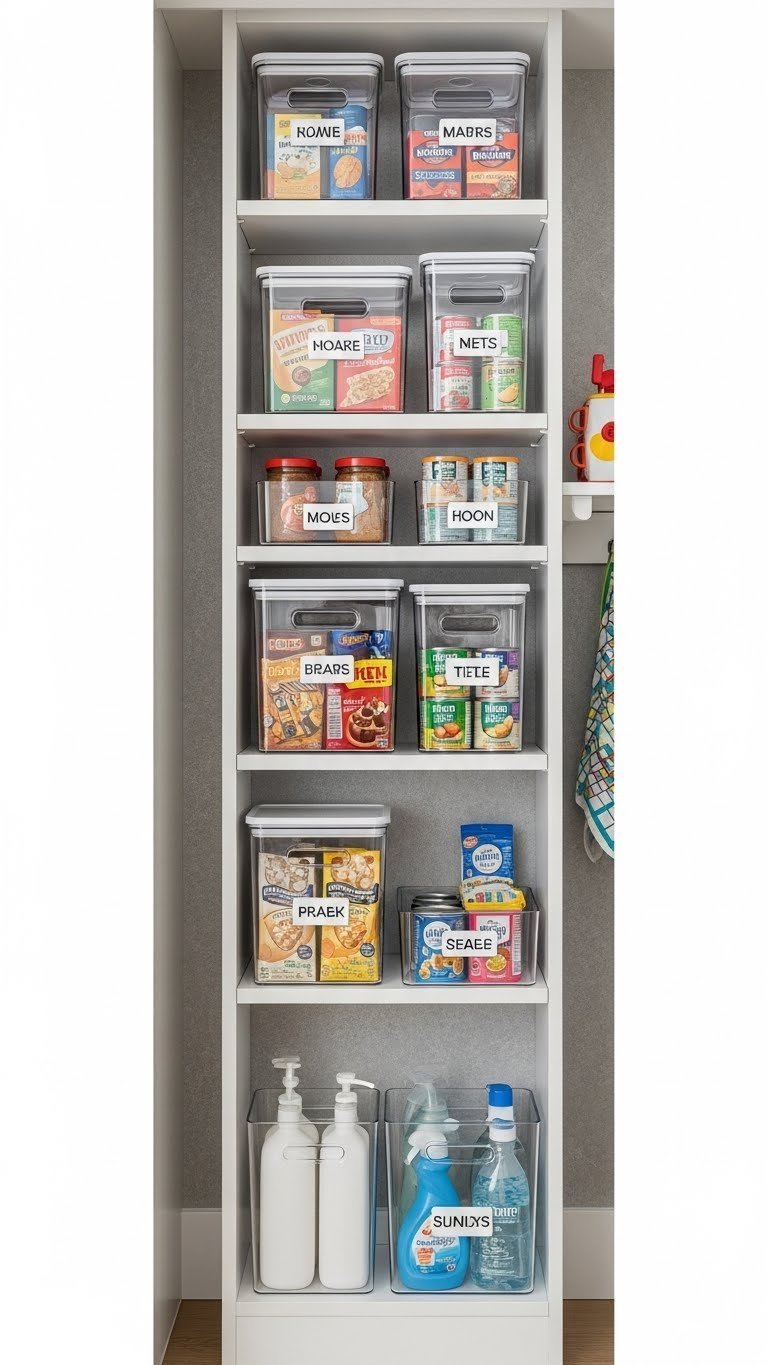 11 Pantry Closet Ideas: Transform Small Spaces, Organize Smarter 17 Efficient broom closet mini-pantry: adjustable shelves, clear containers for organized snacks and cleaning supplies.
