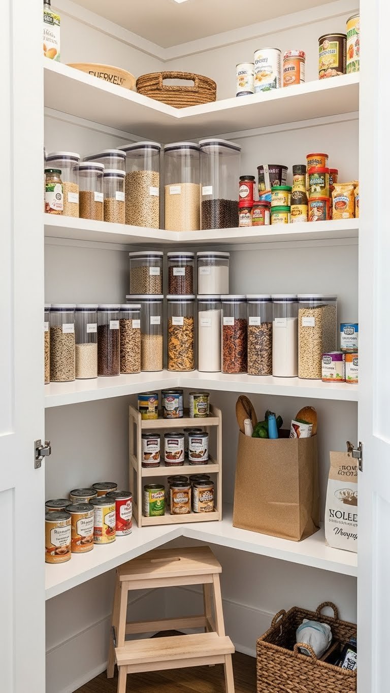 11 Corner Pantry Ideas: Maximize Kitchen Space &Amp; Style 17 Efficient corner pantry with tiered shelves organizes food in clear containers for optimal storage.