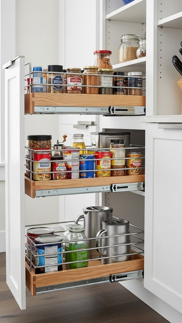 Efficient deep kitchen pantry features sleek chrome pull-out drawers fully extended, revealing organized canned goods and spices.