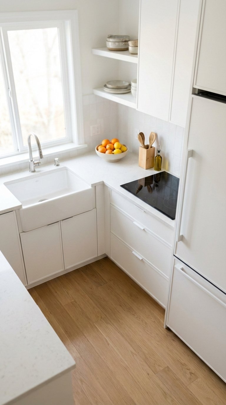 Efficient galley kitchen layout with clear work triangle between sink, stove, and refrigerator featuring ample counter space and natural wood flooring.