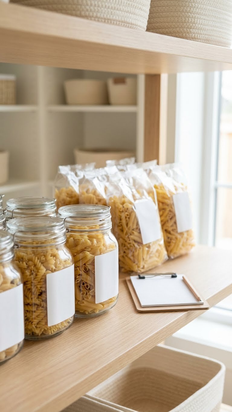 Minimalist Kitchen Pantry: 11 Smart Ideas To Organize 13 Efficient minimalist pantry utilizing a FIFO system with clear pasta containers arranged by date on clean, light-colored shelves.