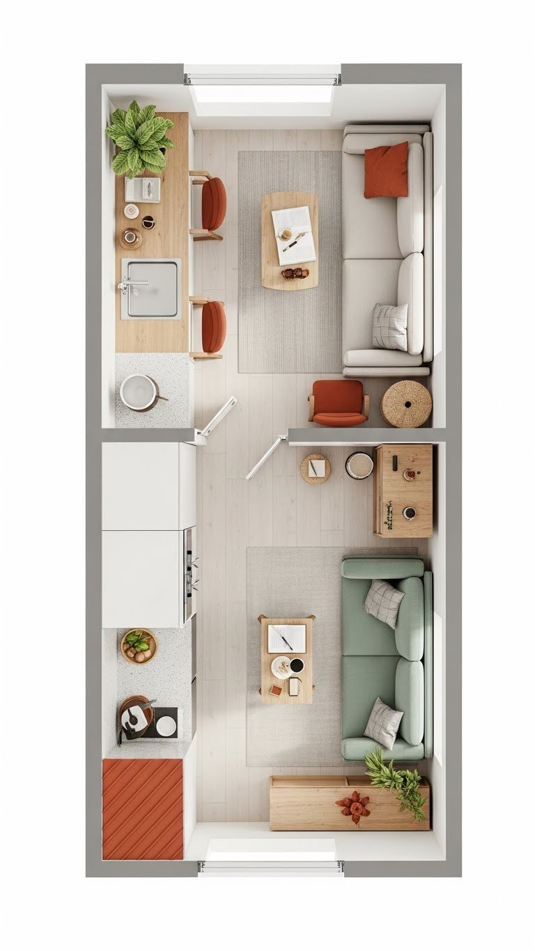 Efficient open concept living room with clear wide pathways, furniture pulled from walls, terracotta, and sage green accents.