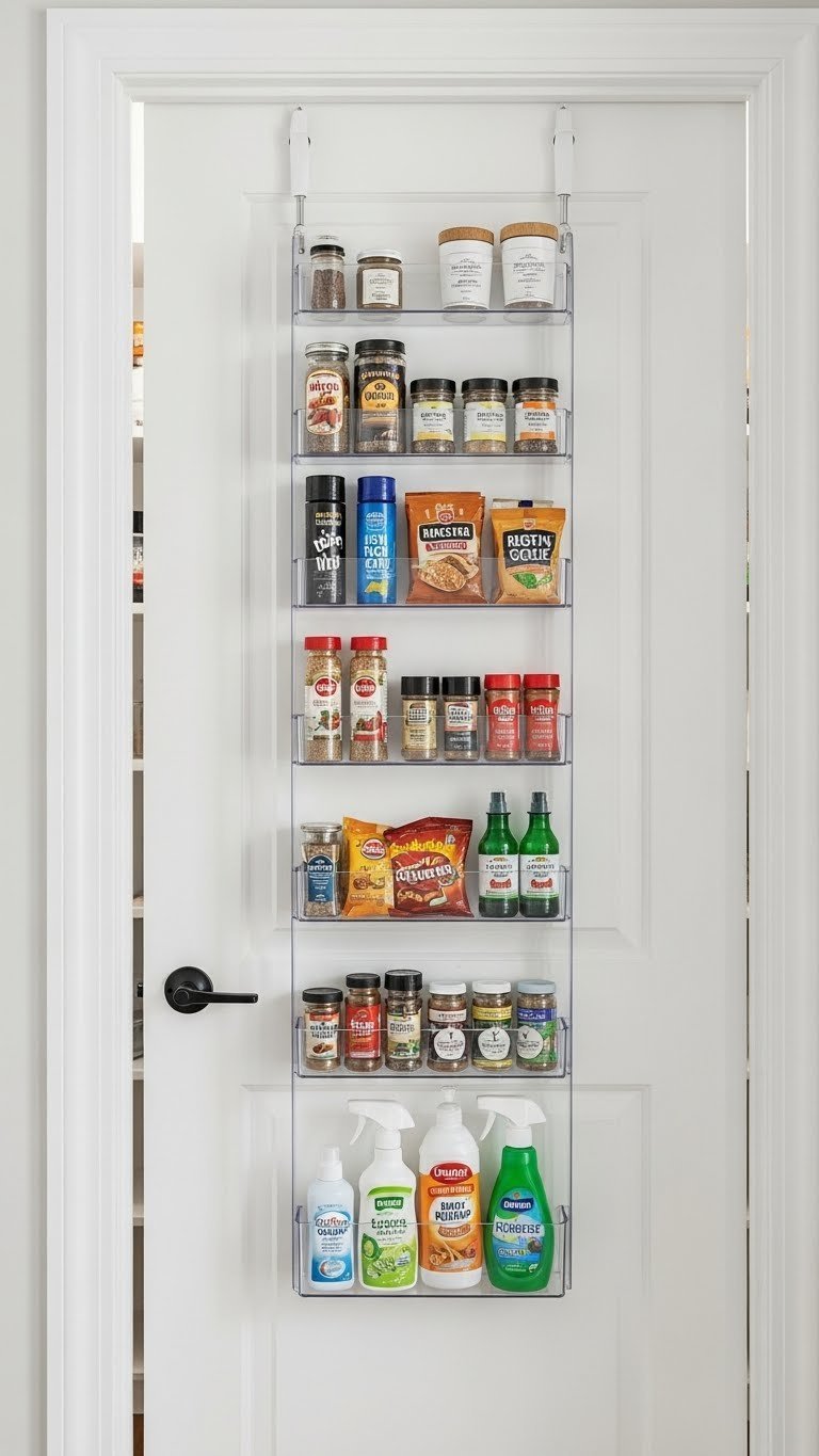 Efficient over-the-door pantry organizer on a white door, neatly displaying spice jars, snack packets, and cleaning supplies for easy access.
