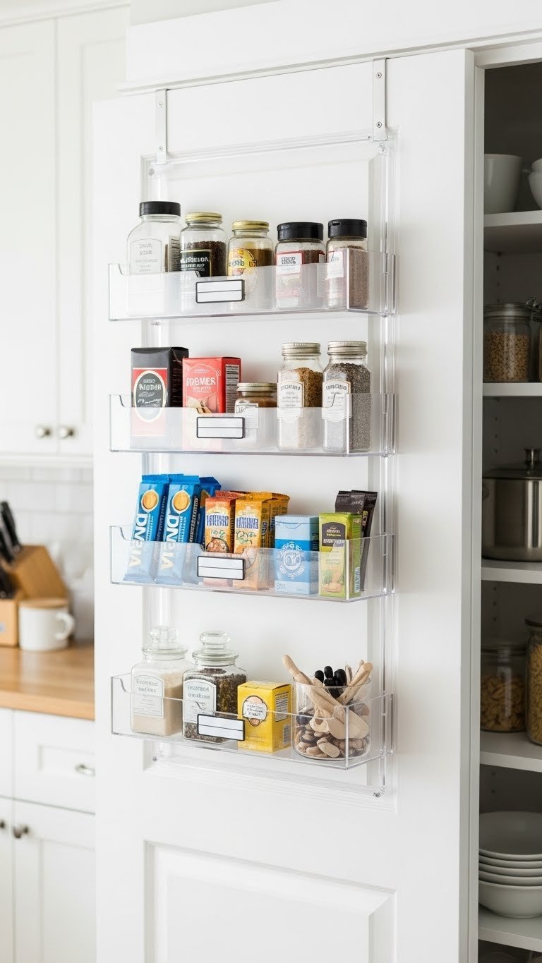 9 Genius Kitchen Pantry Storage Ideas To Organize Everything 3 Efficient white pantry door organizer featuring neatly arranged spice jars and snack bars in clear baskets for accessible kitchen storage.