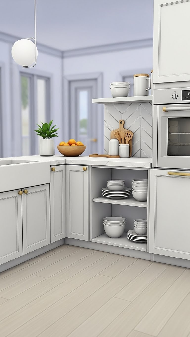 Efficiently organized Sims 4 Scandi kitchen layout showing workflow zones with integrated storage solutions and clean counter space.