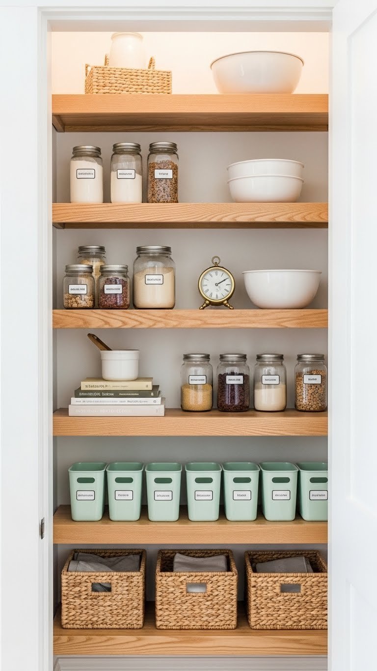 11 Pantry Closet Ideas: Transform Small Spaces, Organize Smarter 5 Efficiently organized reach-in pantry with custom wooden shelves, labeled jars, and bins for smart food storage.