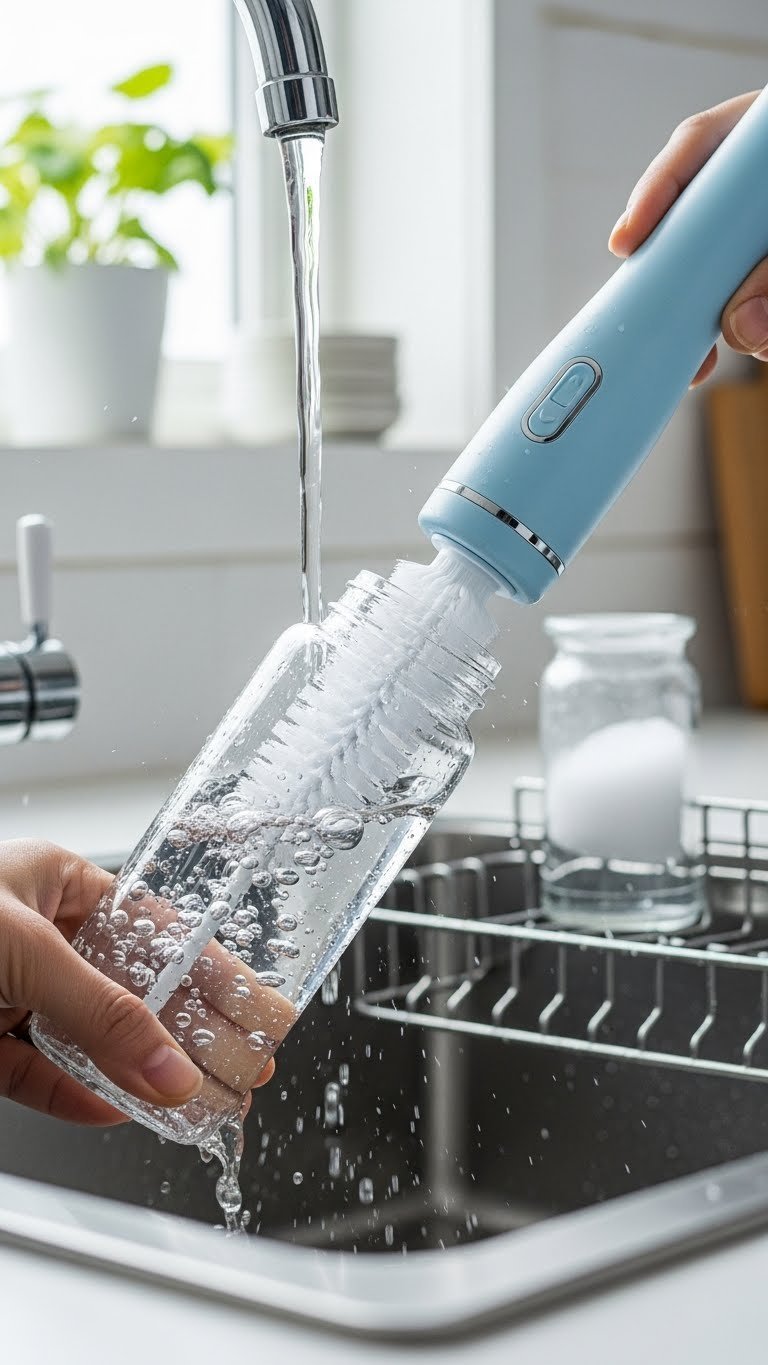 Electric bottle brush cleaning narrow-necked bottle with rotating head and swirling bubbles in stainless steel kitchen sink