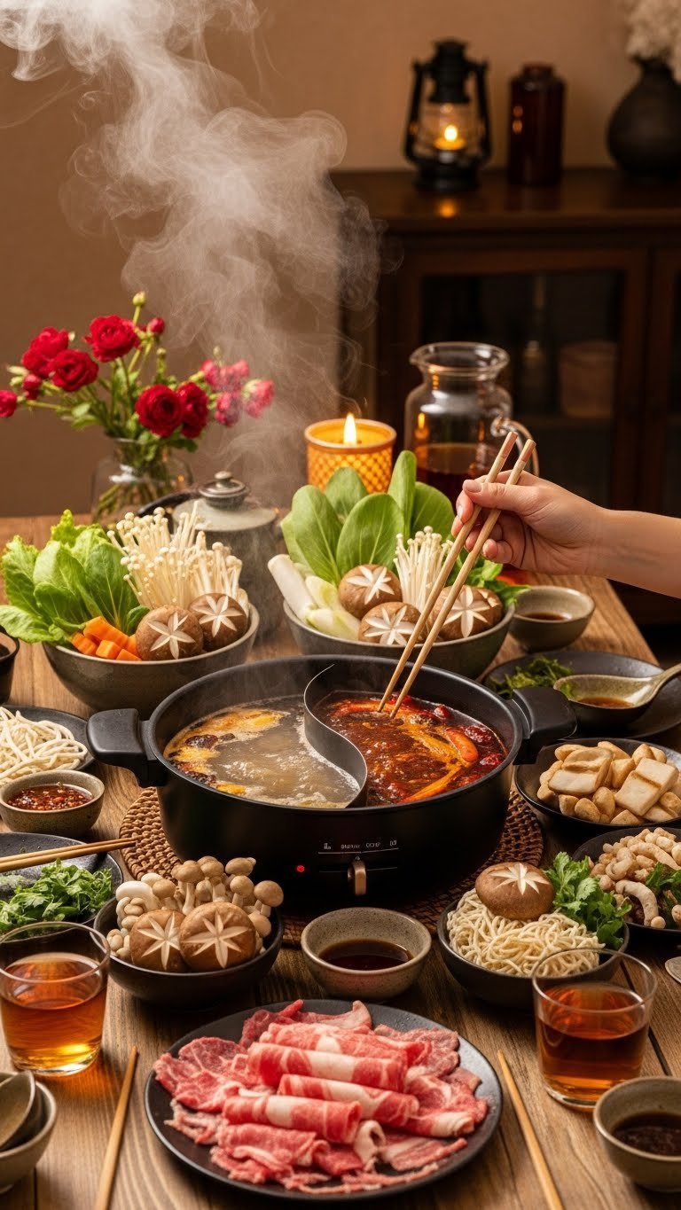 11 Essential Chinese Kitchen Gadgets: Master Authentic Cooking 11 Electric hot pot setup with split broth simmering surrounded by fresh ingredients on rustic dining table