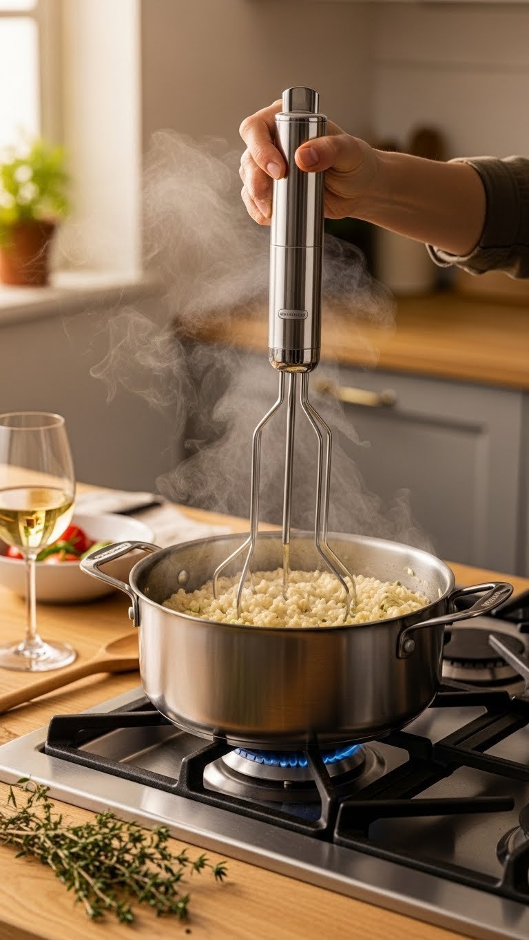 Electric pan stirrer mixing creamy risotto in stainless steel pot on stovetop