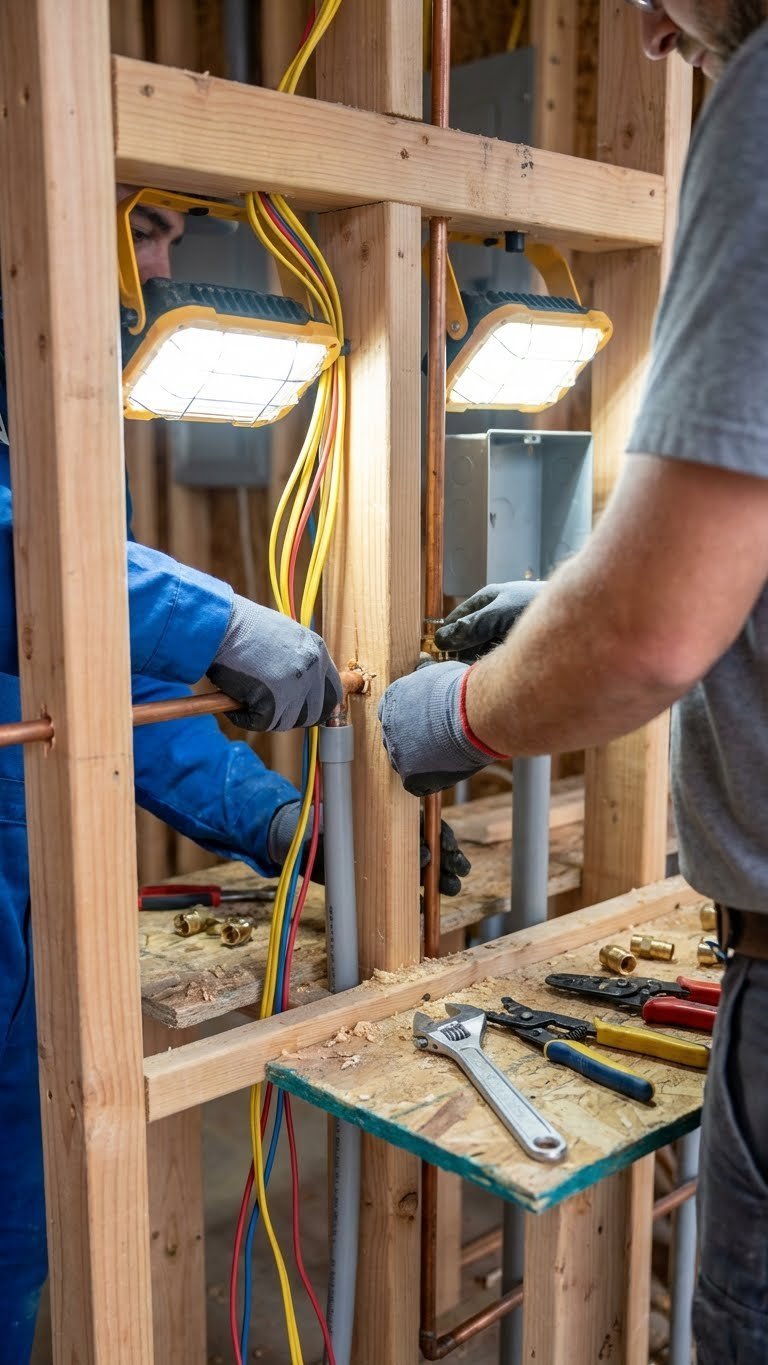 Outdoor Kitchen Rooftop Complete Planning Design Guide 11 Electrician and plumber installing utility connections inside unfinished outdoor kitchen framing with professional tools