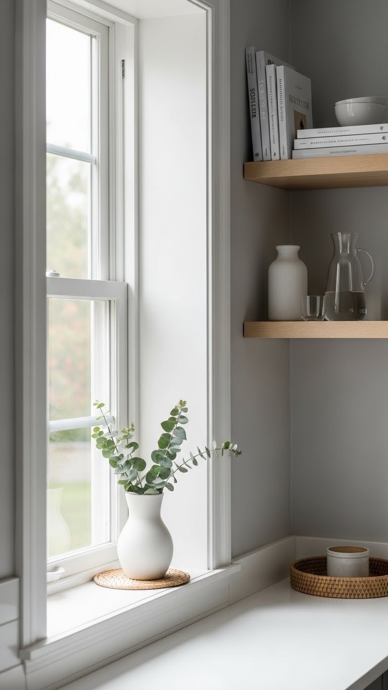 Elegant Scandinavian kitchen window with white-framed window and wooden shelf featuring minimalist decor items
