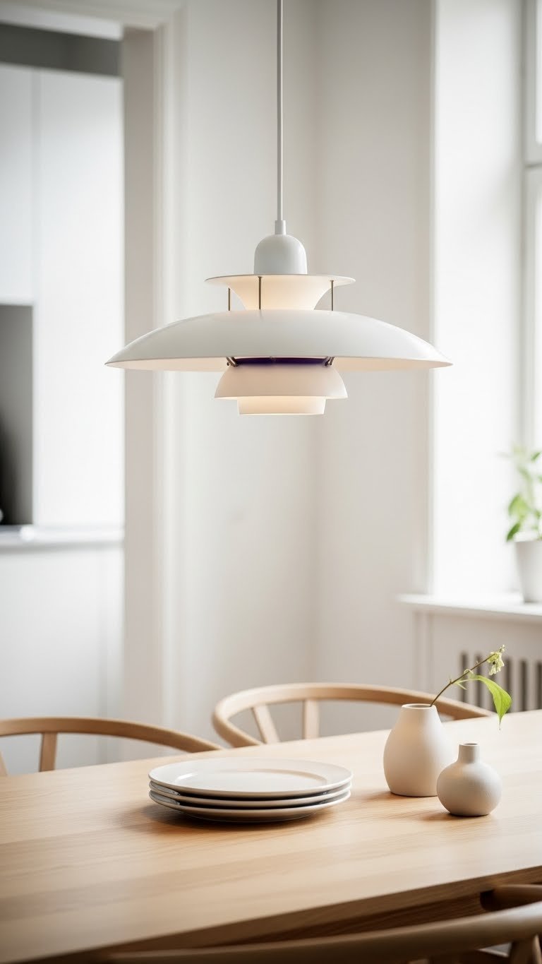 Elegant Scandinavian pendant light fixture hanging above minimalist dining table with ceramic plates
