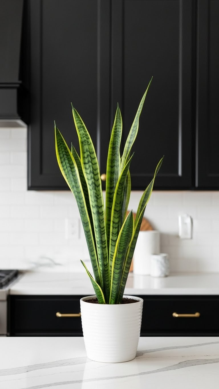 Elegant Snake Plant (Sansevieria) in a white pot on a sleek black kitchen countertop with subtle marble accents, naturally lit.