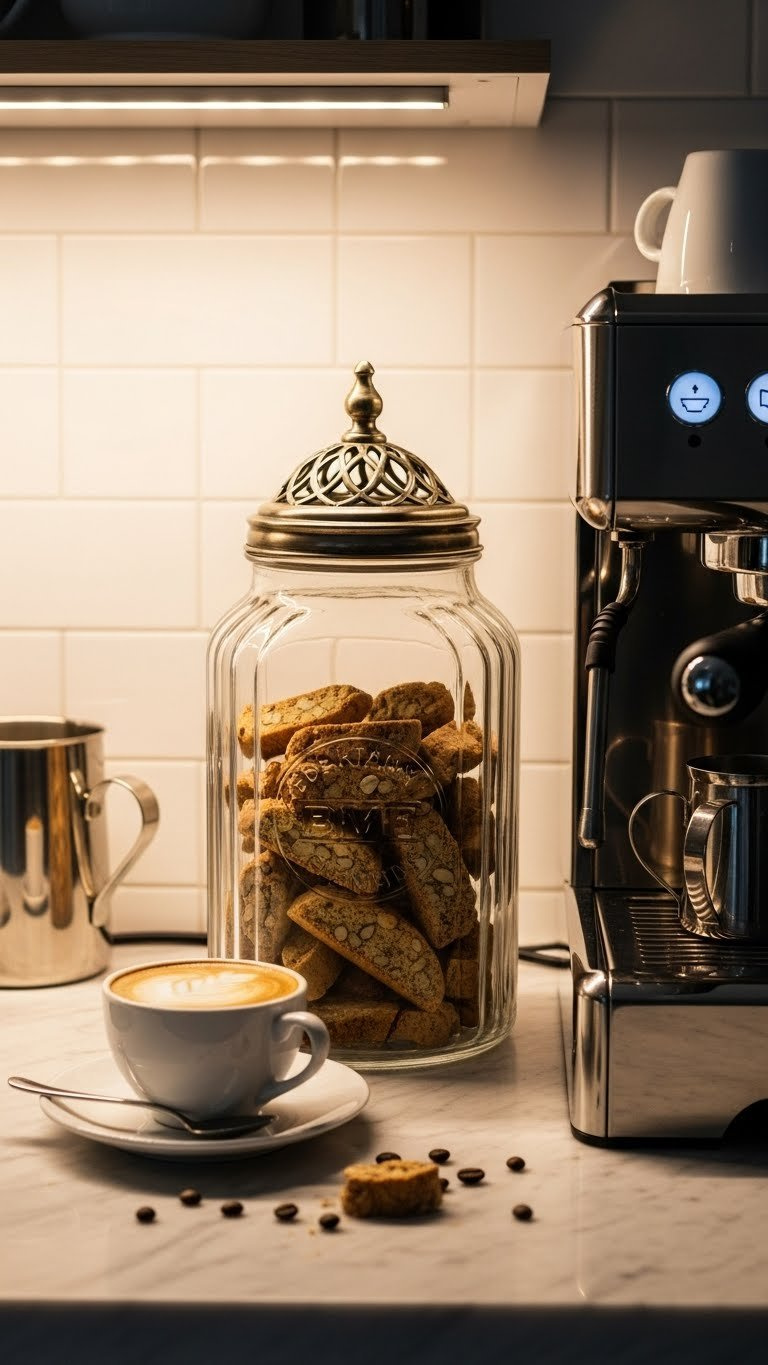 Elegant biscotti jar next to espresso machine on marble countertop in coffee nook