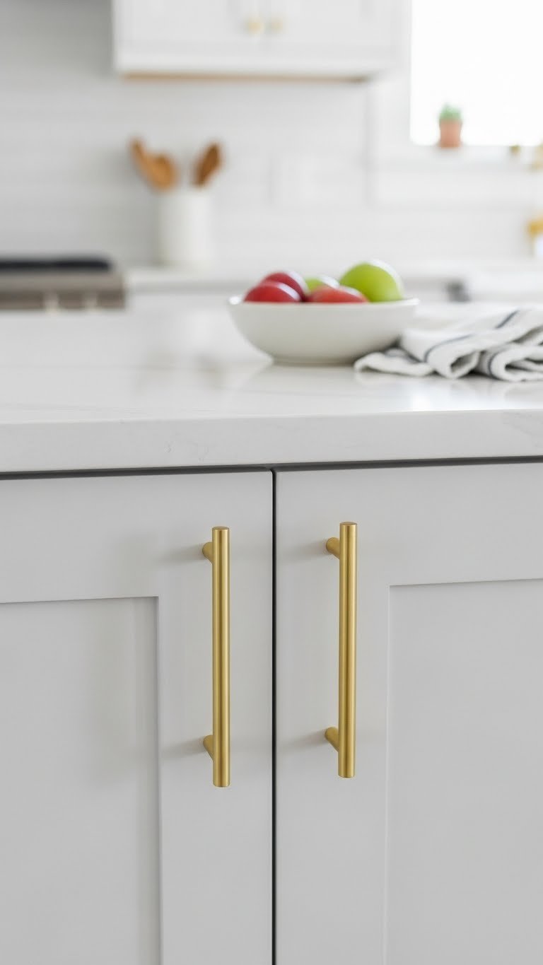 Elegant brass edge pulls installed discreetly on white slab-front cabinets with bright daylight and minimalist farmhouse kitchen environment.